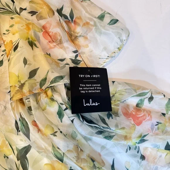 Lulus Yellow Floral Tiered Maxi Dress M Cottagecore Sweetheart Chiffon NWT - Picture 7 of 11